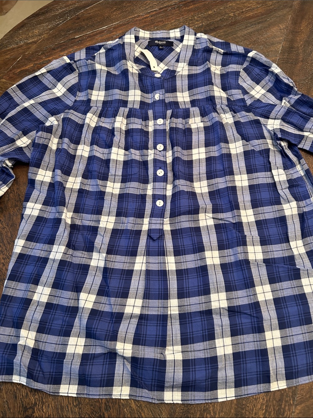 Madewell Blue and White Plaid Popover Blouse
